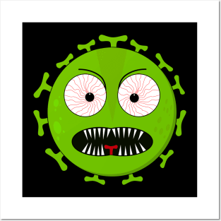 Angry green virus with fierce eyes Posters and Art